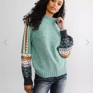 MYSTREE Mock Kneck Leopard Sleeve Crotchet Sweater